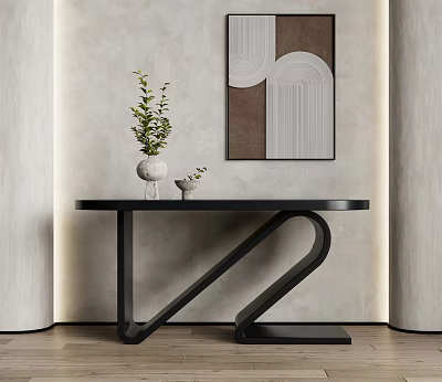 Modern Black Console Table with Z Shaped Legs Decorative Vase Green Plant Neutral Wall Art 3d model