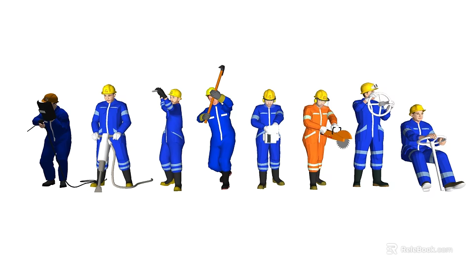 Multiple Workers In Blue Orange Uniforms With Yellow Hard Hats And Tools Standing Together 3d model 