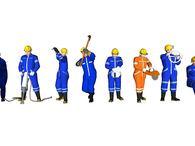 Multiple Workers In Blue Orange Uniforms With Yellow Hard Hats And Tools Standing Together 3d model