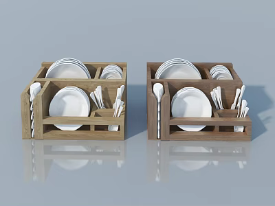 Wooden Hinged Door Storage Rack With Dishes Plates And Utensils 3d model