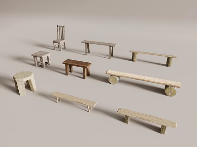Various Wooden Outdoor Chairs And Benches With Backrest And Round Stool Designs 3d model