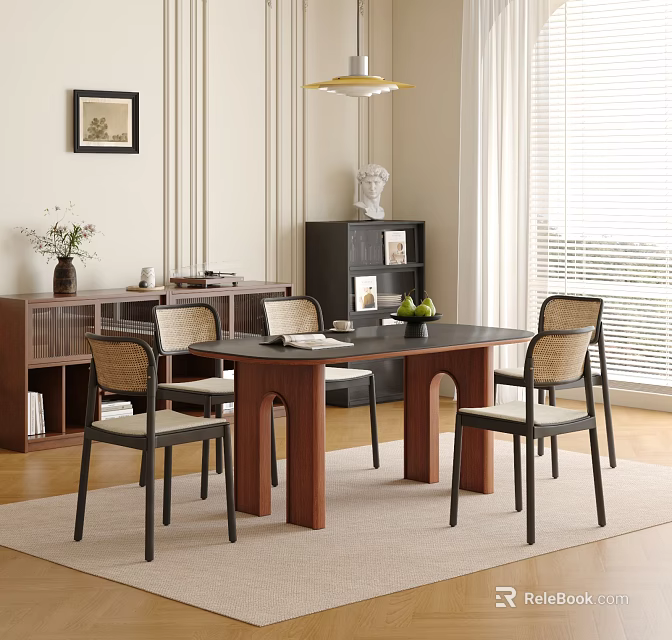 Elegant Wooden Dining Table Set With Modern Chairs And Beige Seats In Living Room 3d model 