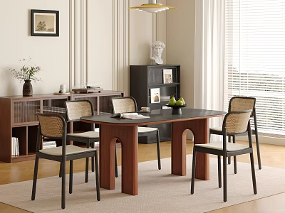 Elegant Wooden Dining Table Set With Modern Chairs And Beige Seats In Living Room 3d model