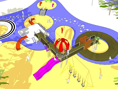 Kids Playground Design With Colorful Slide Swings Wooden Platform Sand And Water Features 3d model