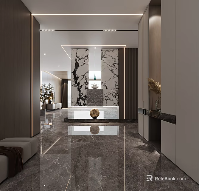 Modern Entryway Hallway Featuring Marble Accent Wall Pendant Light And Storage Cabinets 3d model 