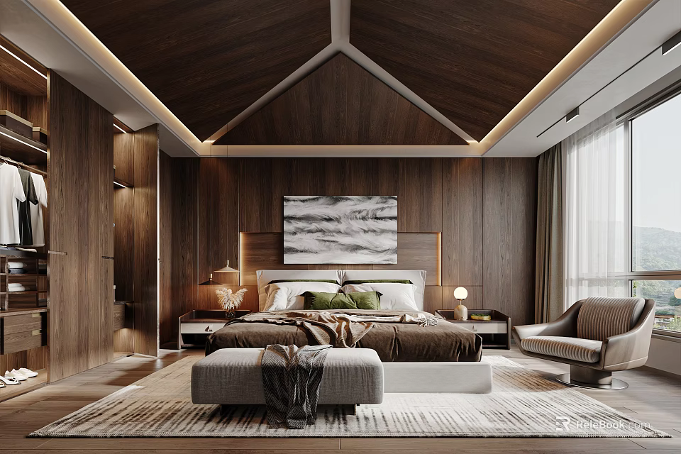 Modern Bedroom Interior With Wooden Ceiling Walls Bed Artwork And Area Rug 3d model 