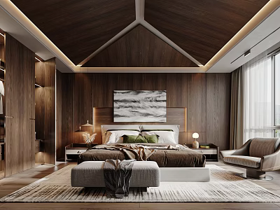 Modern Bedroom Interior With Wooden Ceiling Walls Bed Artwork And Area Rug 3d model