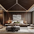 Modern Bedroom Interior With Wooden Ceiling Walls Bed Artwork And Area Rug