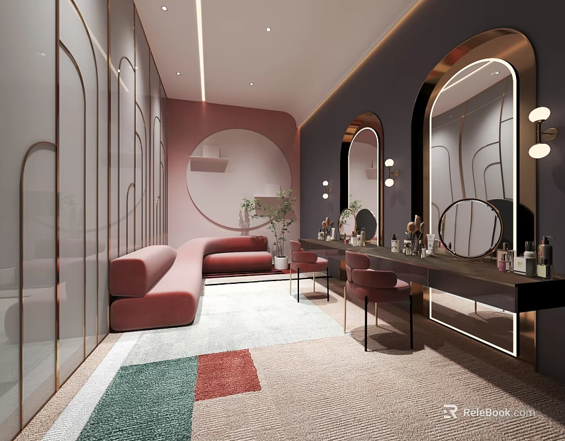Elegant Modern Dressing Table Interior Design With Wall Mirrors Accent Chairs And Pink Sofa 3d model