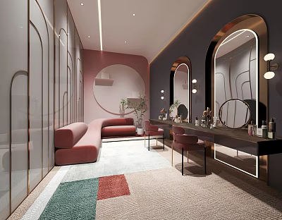 Elegant Modern Dressing Table Interior Design With Wall Mirrors Accent Chairs And Pink Sofa 3d model