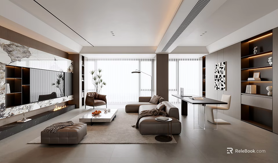 Modern Living Room Interior With Gray Sofa Coffee Table Large Windows And Decorative Painting 3d model 