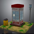 Scene With Red Roof Glass Telephone Booth Street Lamp Trash Can On Sandy Grass Ground