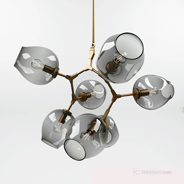 Modern Six Light Chandelier With Branching Brass Frame And Smoke Glass Shades 3d model 