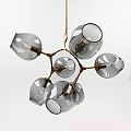 Modern Six Light Chandelier With Branching Brass Frame And Smoke Glass Shades
