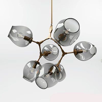 Modern Six Light Chandelier With Branching Brass Frame And Smoke Glass Shades 3d model