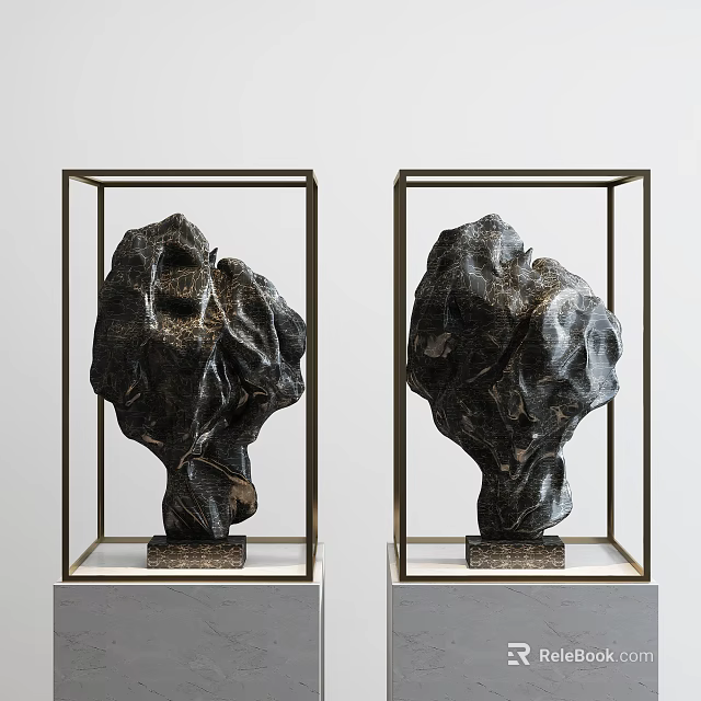 Pair of Black Irregular Ornament Decor Set With Gold Frame Glass Case And Marble Base 3d model 
