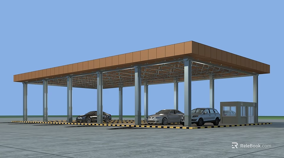 Outdoor Parking Canopy Structure With Cars Under Metal Columns And Roof Covering 3d model 