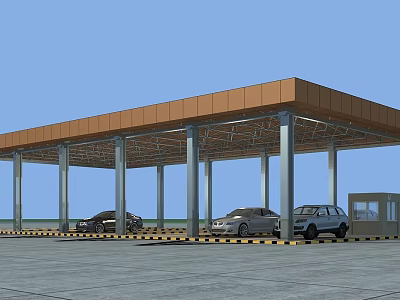Outdoor Parking Canopy Structure With Cars Under Metal Columns And Roof Covering 3d model