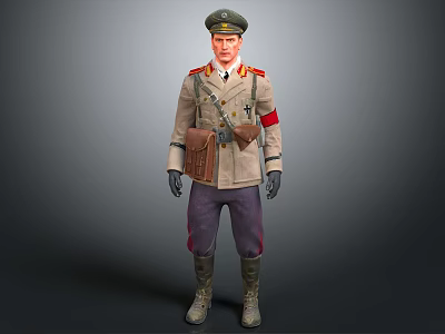 Man in Military Uniform Wearing Cap Armband Leather Bag and Boots 3d model