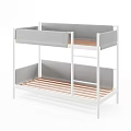 Modern Bunk Bed With White Frame Gray And White Mattress Dark Blue Pillows And Blankets