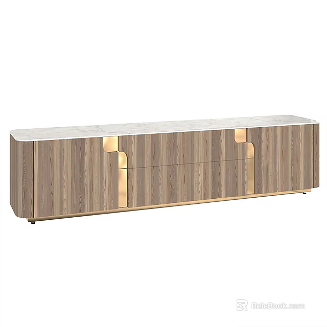 Modern TV Stand With Wooden Cabinet Marble Top And Gold Accents 3d model 