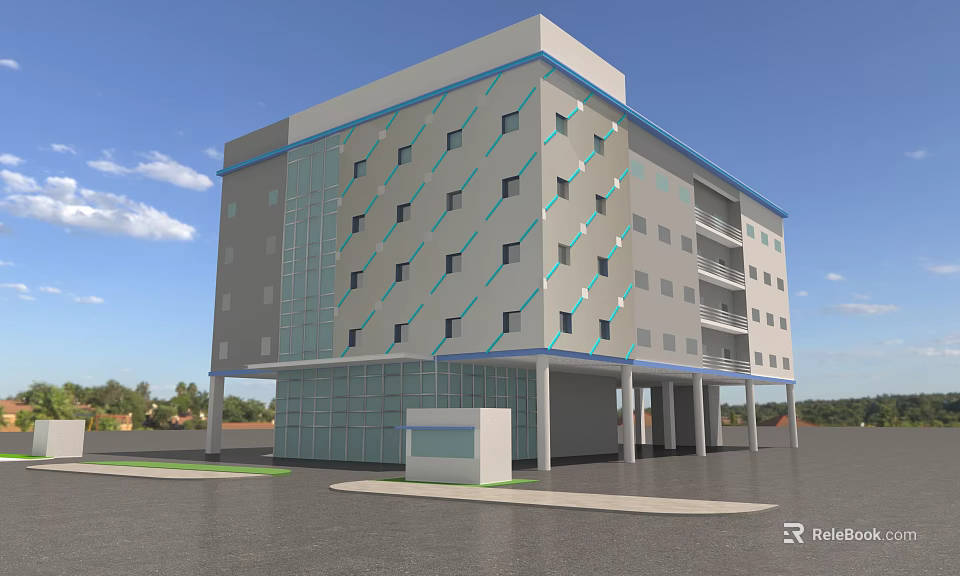 Modern Office Building With Gray Exterior Blue Geometric Lines Glass Windows And Pillars 3d model 