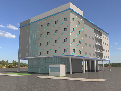 Modern Office Building With Gray Exterior Blue Geometric Lines Glass Windows And Pillars 3d model
