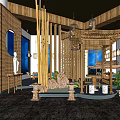 Traditional Chinese Tea House Interior With Wooden Screens Pavilion Green Plants And Stone Features