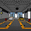 Modern 4S Car Dealership Showroom With White Yellow Cars Checkerboard Floor And Geometric Lighting