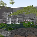 Serene Garden Courtyard With Rock Waterfall Lotus Flowers Lily Pads And Stone Pavement