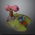 Miniature Garden Scene With Pink Tree Green Grass Rocks Water Pond And Red Mushrooms