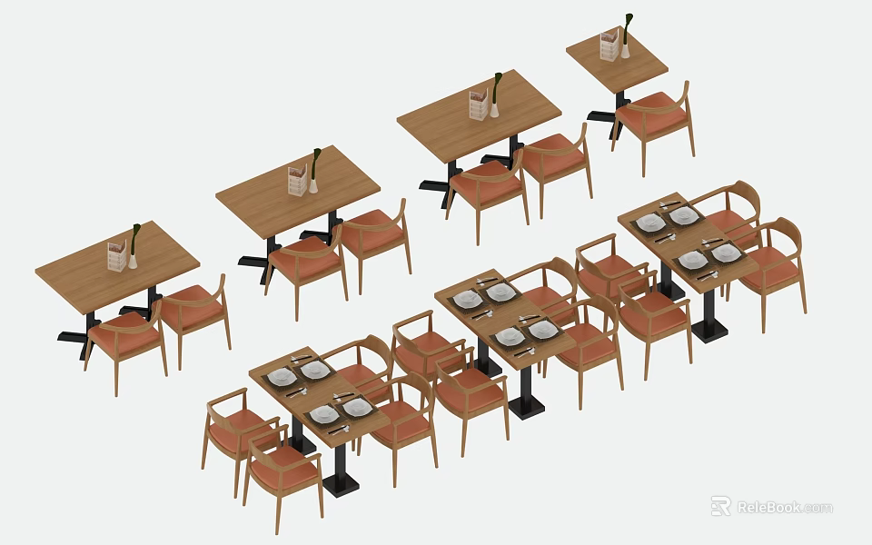 Wooden Dining Table and Chair Sets With Orange Seats And Tableware Decor 3d model