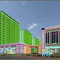Modern Commercial Street With Glass Facades Pedestrians And Surrounding High Rise Apartments