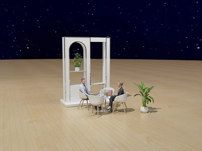 White Arched Display Shelf With People Sitting Nearby Wooden Floor And Potted Plant Starry Background 3d model