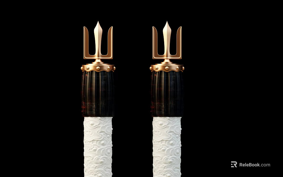 Exquisite Pillars With Golden Trident Tops And White Carved Bases 3d model 