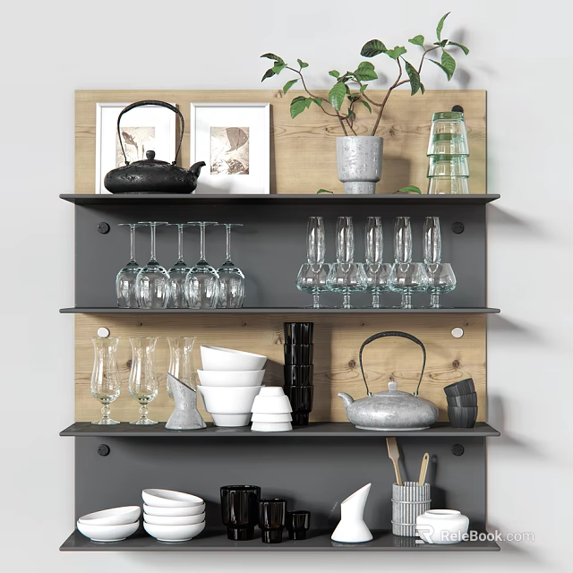 Gray Wooden Kitchen Shelves Displaying Kitchenware Teapots Wine Glasses Bowls and Cups 3d model 