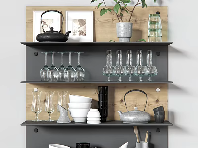 Gray Wooden Kitchen Shelves Displaying Kitchenware Teapots Wine Glasses Bowls and Cups 3d model