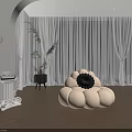 Beige Pumpkin Shaped Single Sofa With Black Cushion White Curtains Wooden Floor Potted Plant Side Table