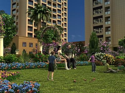 Landscape Garden Between High Rise Buildings With Palm Trees Arbor Colorful Flowers Green Lawn And People 3d model