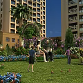 Landscape Garden Between High Rise Buildings With Palm Trees Arbor Colorful Flowers Green Lawn And People
