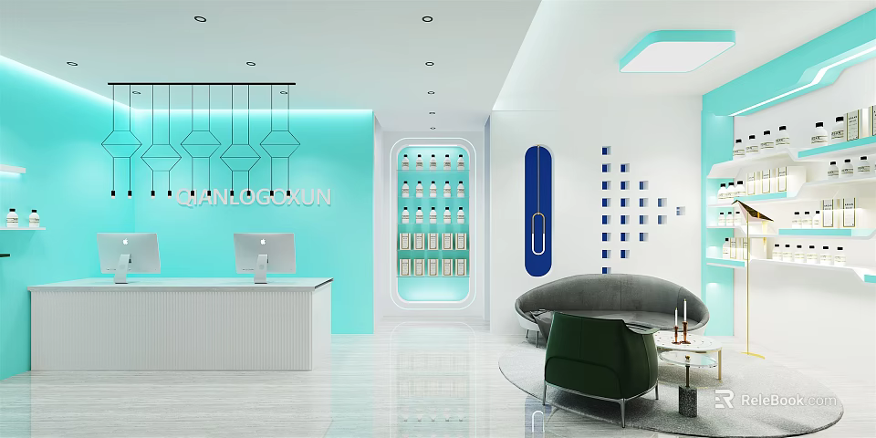 Modern Beauty Hair Salon With Blue Walls White Counter Display Shelves Sofa And Pendant Lights 3d model 