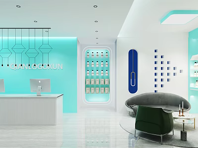 Modern Beauty Hair Salon With Blue Walls White Counter Display Shelves Sofa And Pendant Lights 3d model