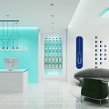 Modern Beauty Hair Salon With Blue Walls White Counter Display Shelves Sofa And Pendant Lights