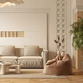 Modern Living Room Interior With Beige Sofa Bean Bag Chair Grid Wall And Large Palm Plant