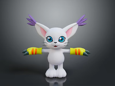 Cute White Cartoon Game Character With Big Purple Ears Blue Eyes And Striped Arms 3d model