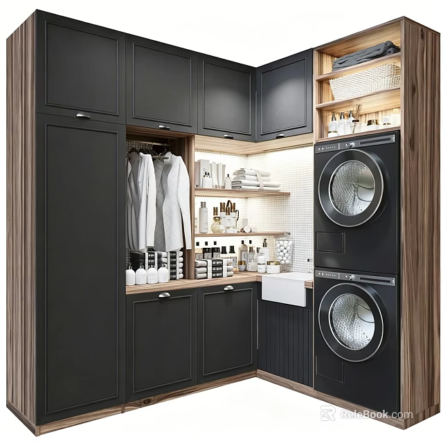 Modern Black Balcony Cabinet With Hanging Clothes Open Shelves And Double Washing Machines 3d model 