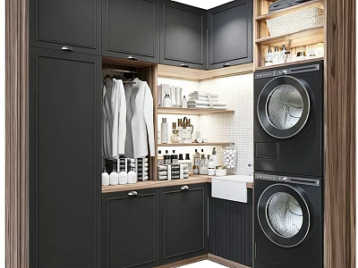 Modern Black Balcony Cabinet With Hanging Clothes Open Shelves And Double Washing Machines 3d model