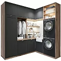Modern Black Balcony Cabinet With Hanging Clothes Open Shelves And Double Washing Machines