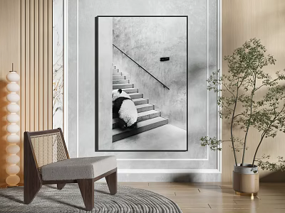 Modern Interior with Black and White Staircase Painting Chair Plant and Wooden Wall 3d model