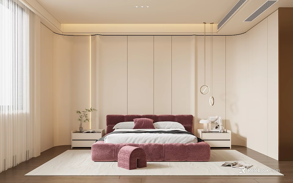 Modern Bedroom Interior With Pink Headboard White Bedding Footstool Green Plant And White Curtains 3d model 